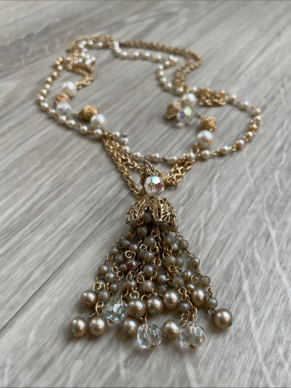 OFFERS WELCOMED - Vtg Gold Tone Multi-Strand Faux Pearl Crystal Tassel Necklace